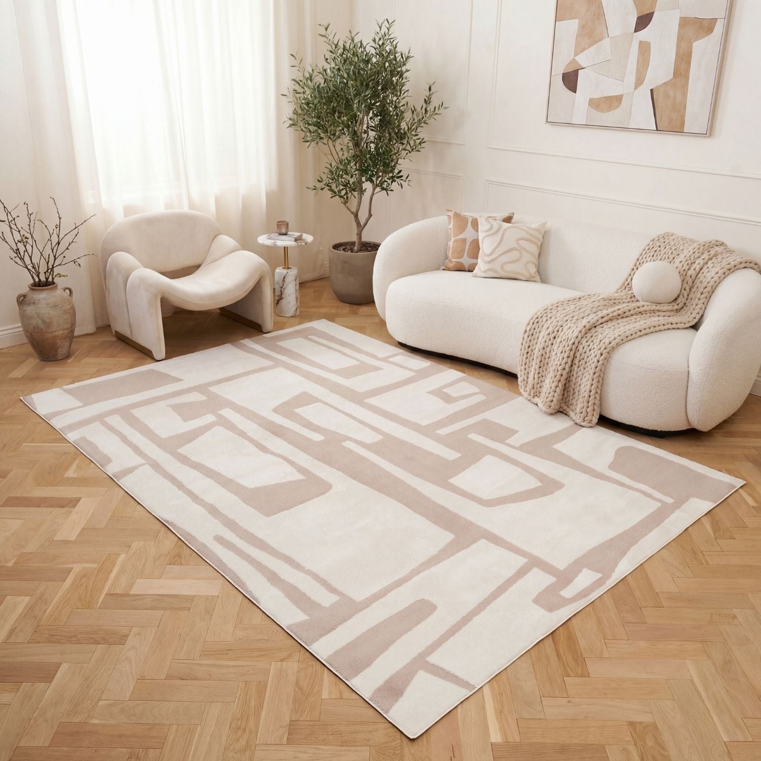 Loft Abstract Beige Jute Cream Contemporary Rug