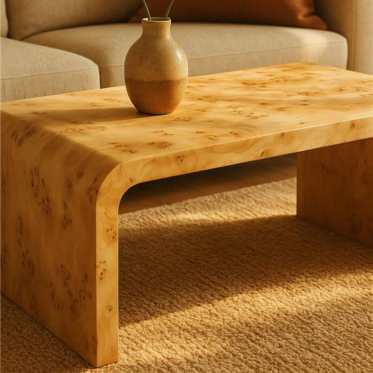 Natural Burl Wood Curved Coffee Table With Smooth Curved Edges, Mota