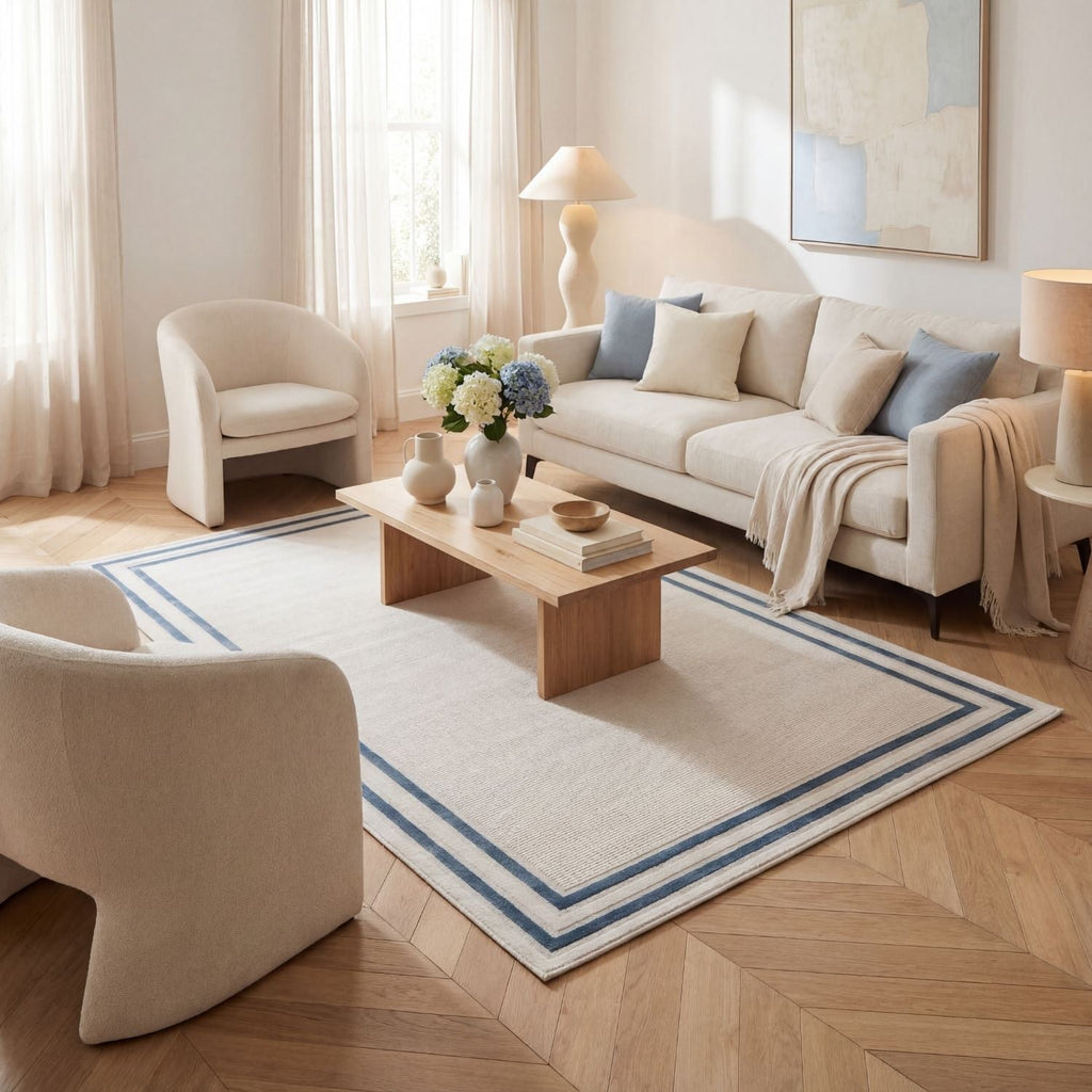 Carmel Cream-Blue Bordered Rug