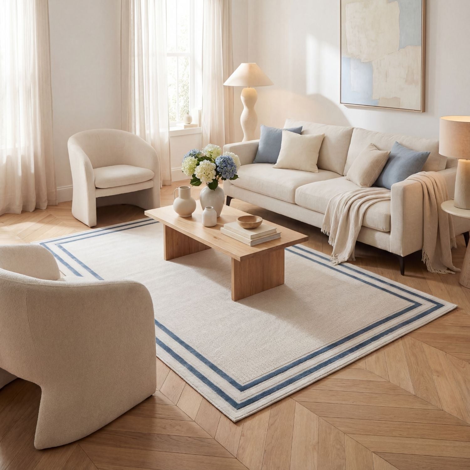 Carmel Cream-Blue Bordered Rug