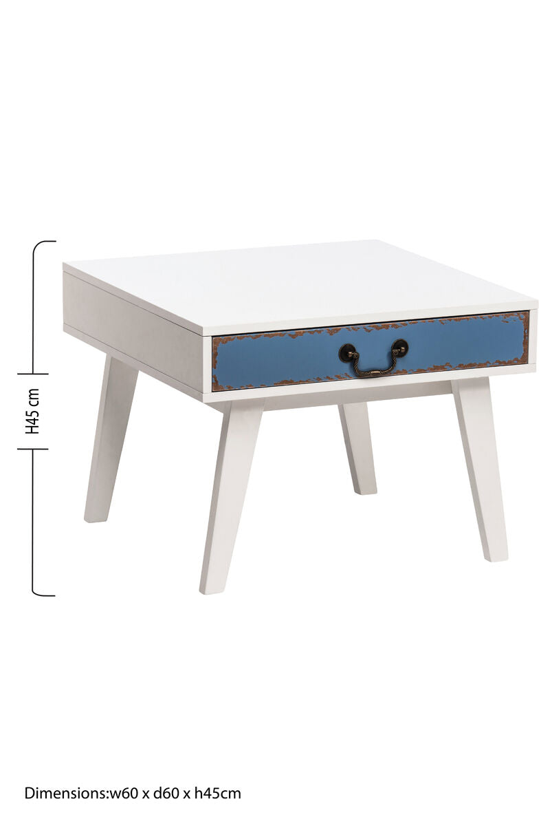 White & Blue Distressed Single Drawer Wooden Side Table With Metal Handle, Alchemy