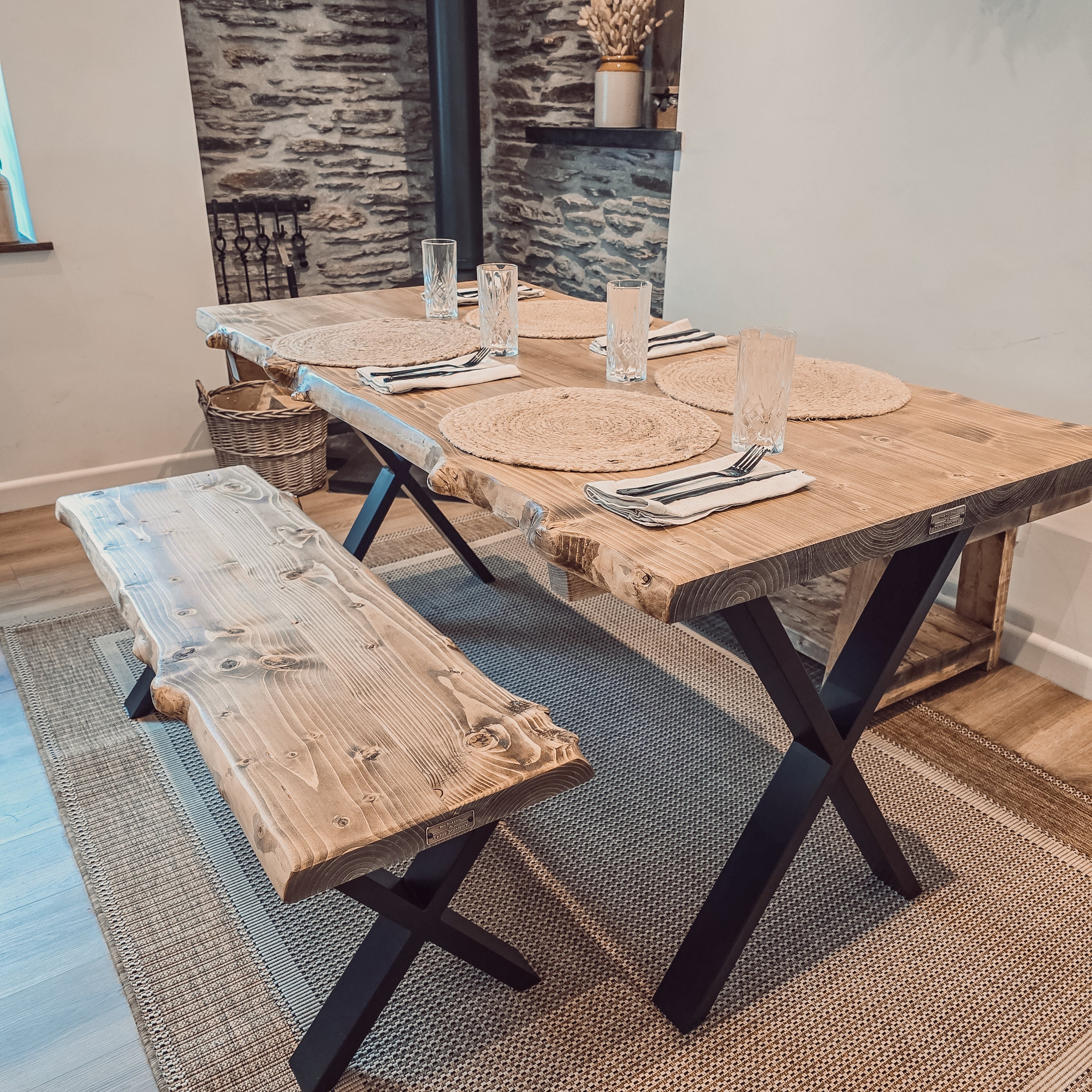Live / Waney Edge Dining Table With Bench and X Cross Metal Legs