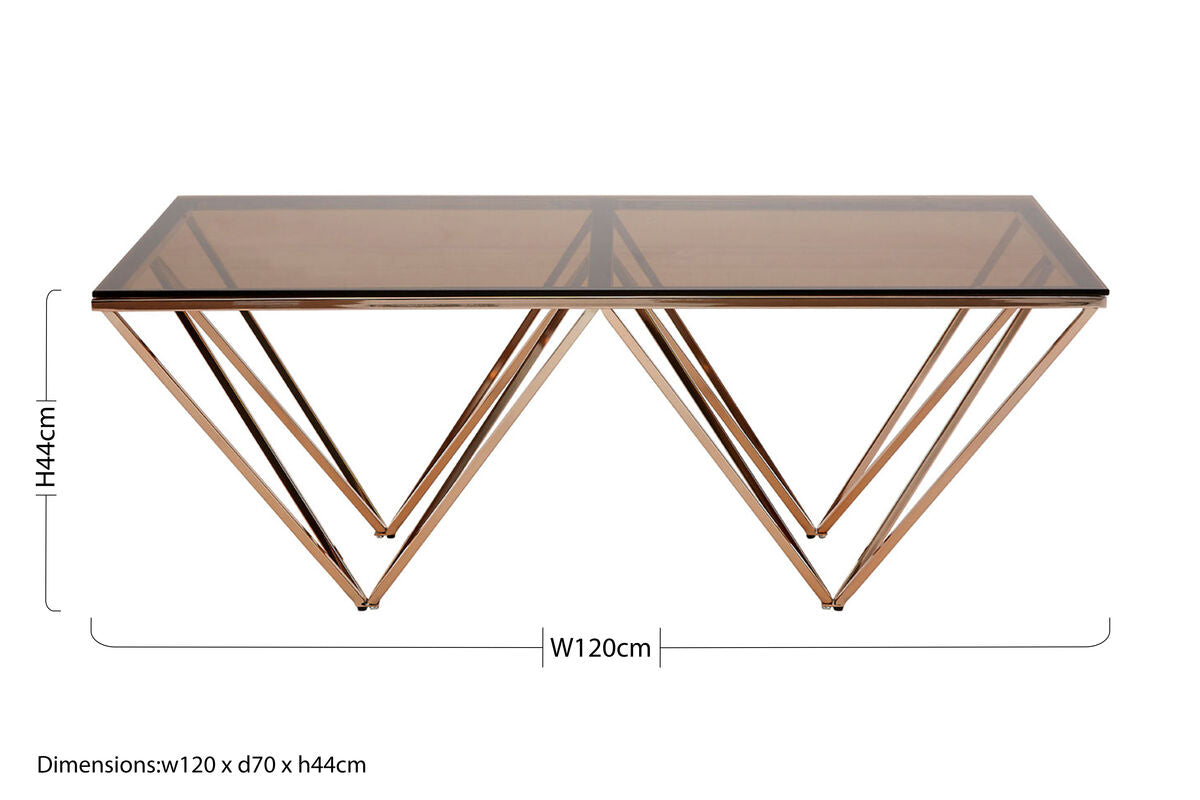 Red-Tinted Tempered Glass Top Coffee Table With Geometric Prismatic Champagne Metal Legs, Allure