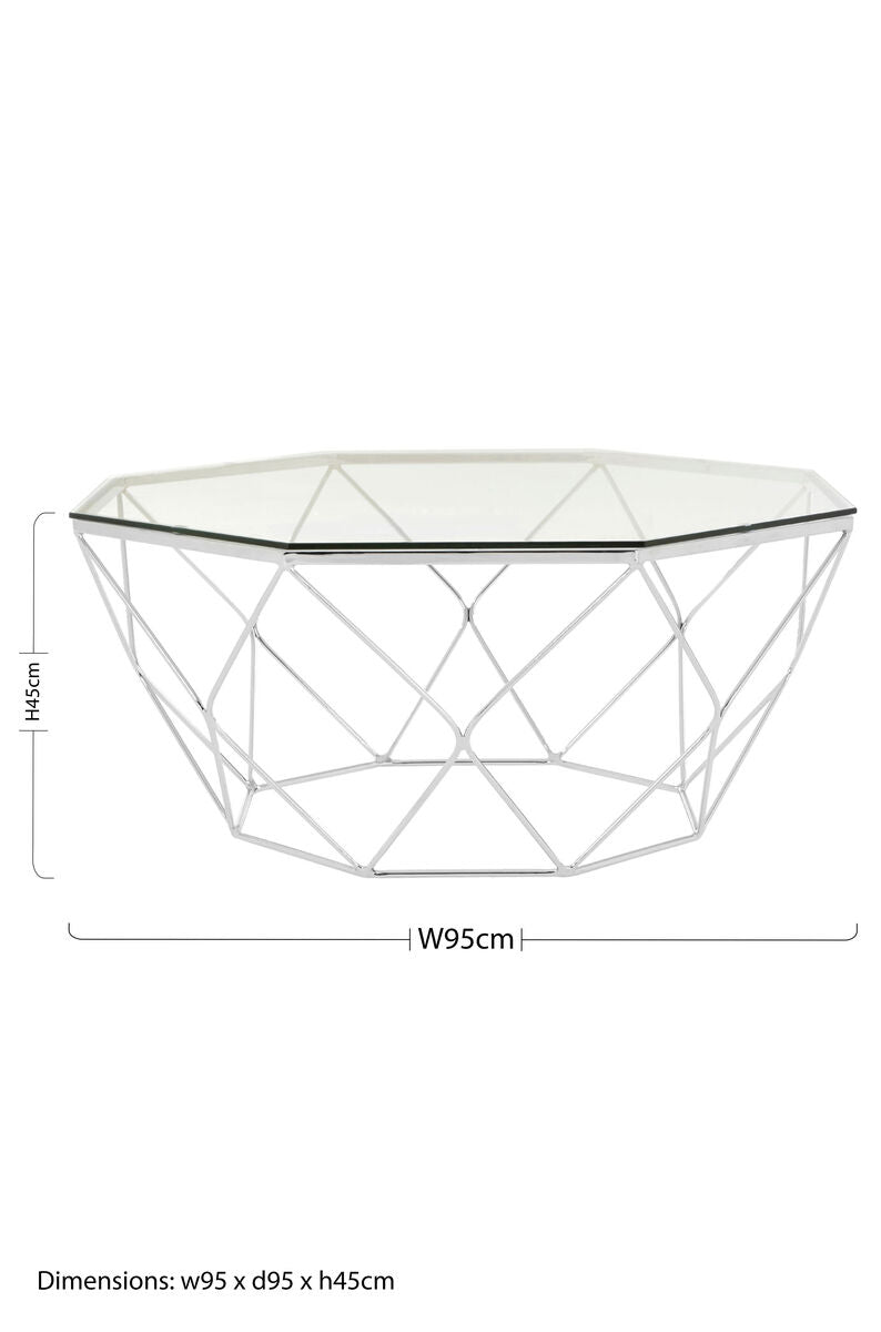 Hexagon Tempered Glass Top Coffee Table With Silver Chrome Geometric Base, Allure