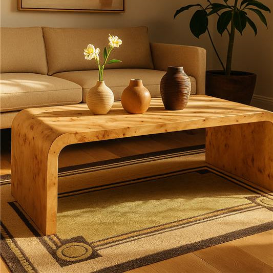 Natural Burl Wood Curved Coffee Table With Smooth Curved Edges, Mota