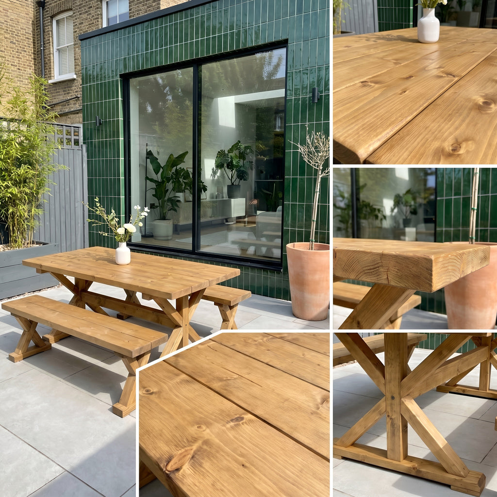 Outdoor Table With Timber Cross Legs and Bench