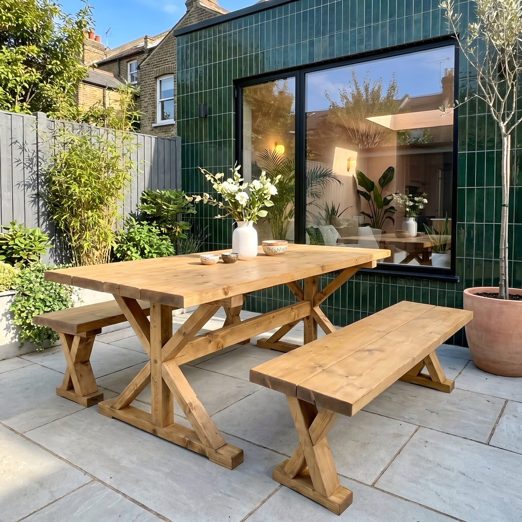 Outdoor Table With Timber Cross Legs and Bench